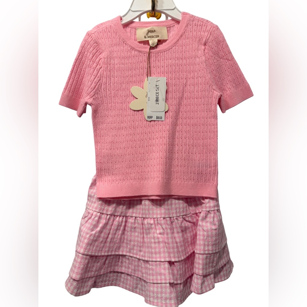 Girls Pink Two-Piece Knit Top & Gingham Skirt Set